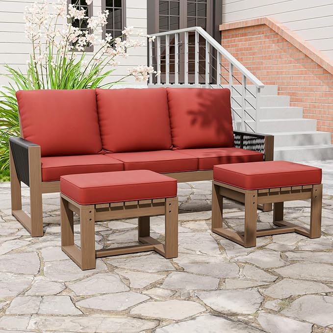 Rustic Hideaway Natural Cedar Wood Outdoor Furniture Set, Wicker Patio Conversation Set for Porch Garden Backyard, Couch and 2 Ottomans, 3 Piece, Brownish/Red