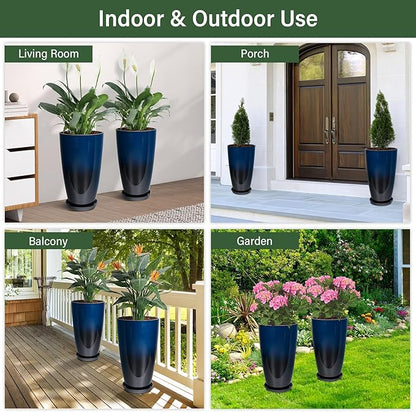 Neoaider Set of 2 Lightweight Ceramic-Look Tall Planter, 21 inch Large Plastic Planter with Drain Hole & Saucers, Large Outdoor Planters for Porch, Garden, Patio, Balcony(Dark Blue)