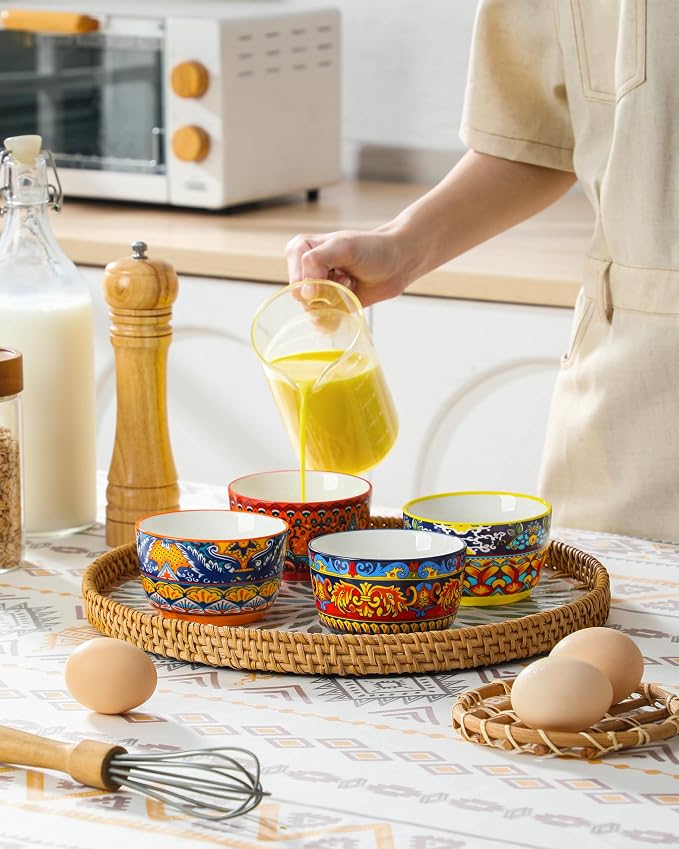 vancasso Ramekins 8 oz Oven Safe, Bohemian Style Creme Brulee Ramekin Set of 6, Porcelain Souffle Dishes Pudding Custard Cups for Baking Ramiken Bowls for Ice Cream