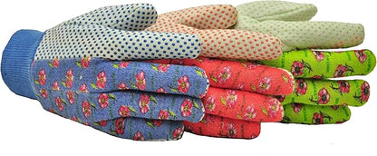 Women's Gardening Gloves, Soft Cotton Jersey, Floral Print, PVC Dot Grip, Comfortable & Durable Multi color Green, Red, Blue