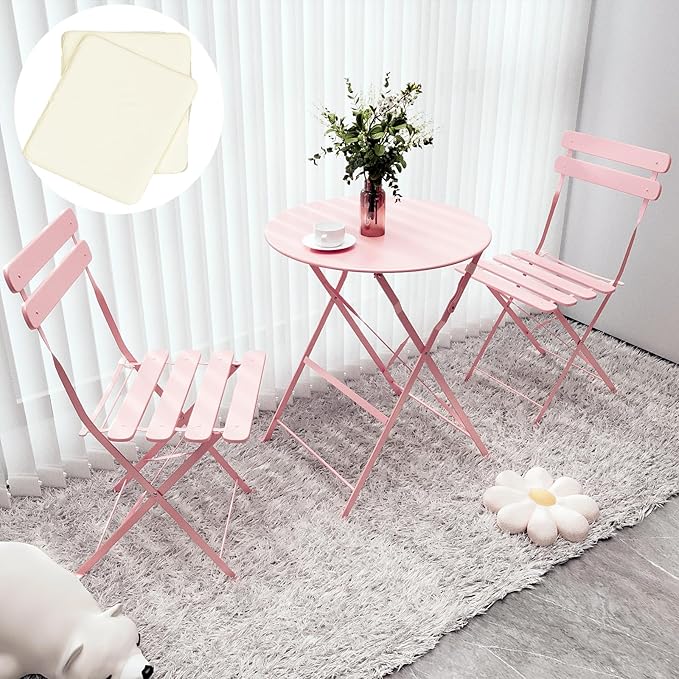 3-Piece Patio Bistro Set Outdoor Furniture Set Folding Bistro Table and Chairs with Premium Steel Frame Weather Resistant Conversation Set for Bistro Balcony Porch Yard Garden(pink with cushion)