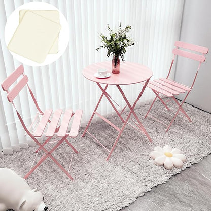 3-Piece Patio Bistro Set Outdoor Furniture Set Folding Bistro Table and Chairs with Premium Steel Frame Weather Resistant Conversation Set for Bistro Balcony Porch Yard Garden(pink with cushion)