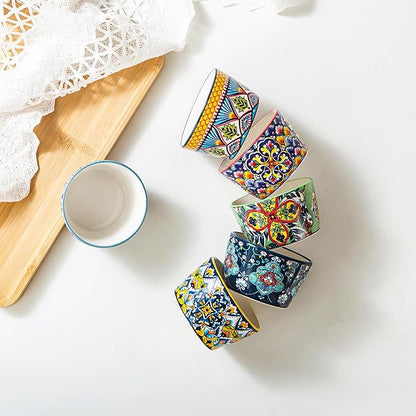 4 oz Ceramic Ramekins Set of 6, Dessert Cups & Dipping Bowls | Colorful Bohemian Pattern, Oven Safe, Ideal for Crème Brûlée, Dips, Sauces & Individual Desserts