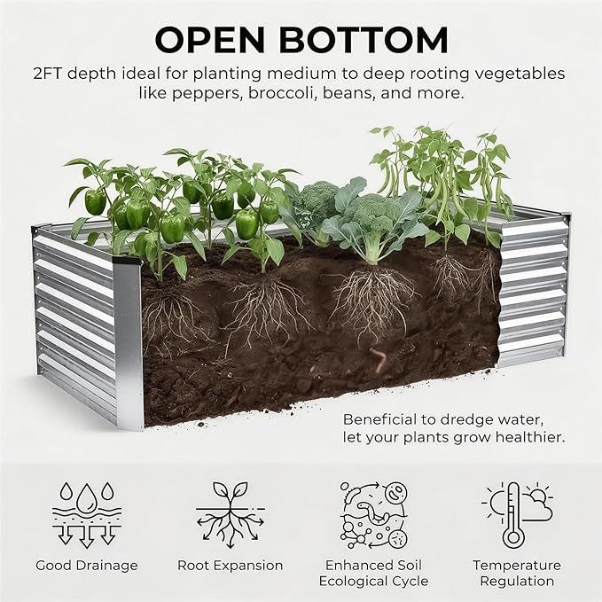 6x3x2FT Galvanized Raised Garden Bed, Outdoor Metal Raised Planter Box for Vegetables, Elevated Rust-Resistant Rectangle Gardening Container Kit with Reinforced Panels for Backyard,Patio(Silver)