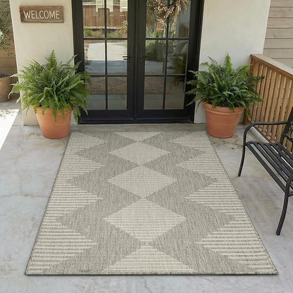 MontVoo-3x5 Outdoor Rug Porch Entryway Rug-Polypropylene Indoor Outdoor Rugs for Entryway Kitchen Balcony Patio, Textured Weave, Durable, Fade-Resistant, Non-Shedding, Boho Geometric Neutral Grey