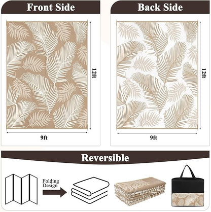 Pauwer Waterproof Outdoor Rug 9x12, Reversible Plastic Straw Patio Camping Rug, Indoor Outdoor RV Mat Carpet for Deck, Camper, Porch, Balcony, Backyard, Picnic, Leaf Brown