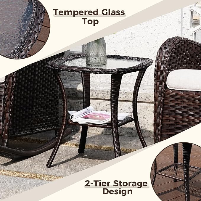 Outdoor Swivel Rocking Bistro Set, 3-Piece PE Patio Furniture Set with Cushions and Glass Table, All-Weather 360° Rotating Wicker Chairs and Table Set for Porch, Deck, Balcony, Backyard