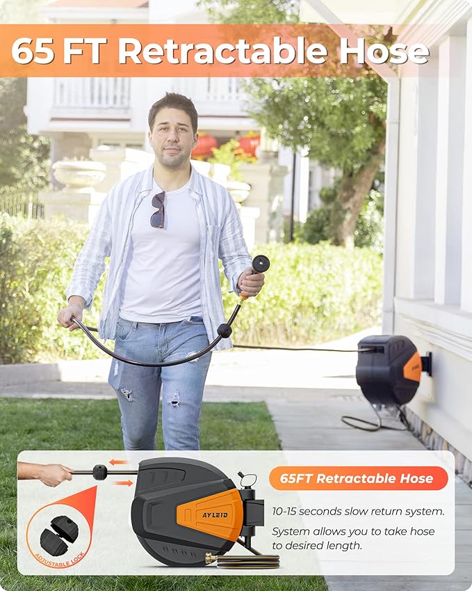Ayleid Retractable Rubber Hybrid Garden Hose Reel, 1/2"x65ft Wall Mount | Anti-freeze, kink-free premium rubber hybrid hose, 24-month warranty, 9-pattern sprayer, any-length lock, slow auto-return.
