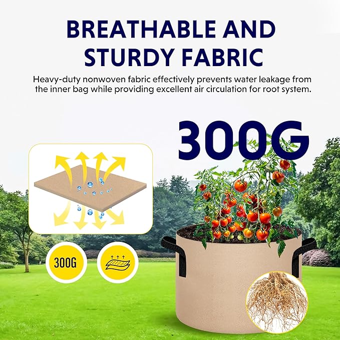iPower 5-Pack 7 Gallon Plant Grow Bags Thickened Nonwoven Aeration Fabric Pots Heavy Duty Durable Container, Strap Handles for Garden, Tan New