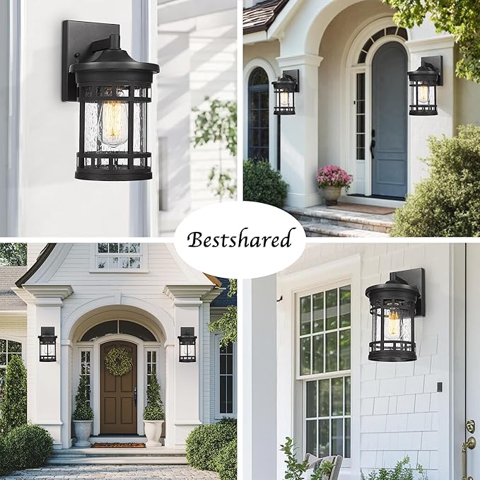 Bestshared Outdoor Wall Mount Lantern Anti-Rust Porch Light Fixtures Waterproof Wall Lamp Light Seeded Glass Exterior Sconce Lighting for Porch Patio Garage Front Door Entryway (Black, 12 Inch Height)