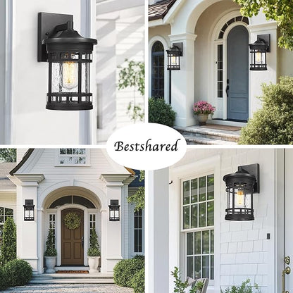 Bestshared Outdoor Wall Mount Lantern Anti-Rust Porch Light Fixtures Waterproof Wall Lamp Light Seeded Glass Exterior Sconce Lighting for Porch Patio Garage Front Door Entryway (Black, 12 Inch Height)