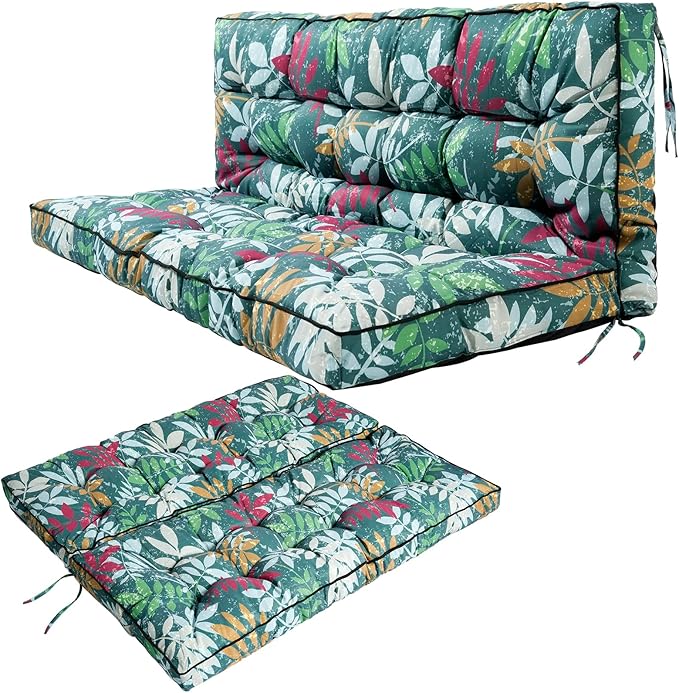 Swing Replacement Seat Cushions, 2-3 Seater Bench Cushions for Outdoor Furnitur with Backrest, Garden Recliner Seat Cushions Waterproof Sofa Pads (Green Flowers, 55x40in)