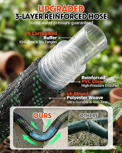 100ft Flexible Garden Hose, Lightweight Water Hose, NON-EXPANDABLE Garden Hose with 10 Function Sprayer Nozzle, Kink-Free Triple-Layer Composite Watering Hose for Yard, Lawn, Outdoor and Car Washing