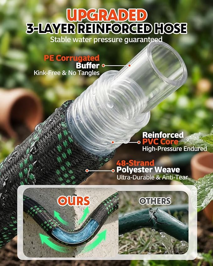 50ft Flexible Garden Hose, Lightweight Water Hose, NON-EXPANDABLE Garden Hose with 10 Function Sprayer Nozzle, Kink-Free Triple-Layer Composite Watering Hose for Yard, Lawn, Outdoor and Car Washing