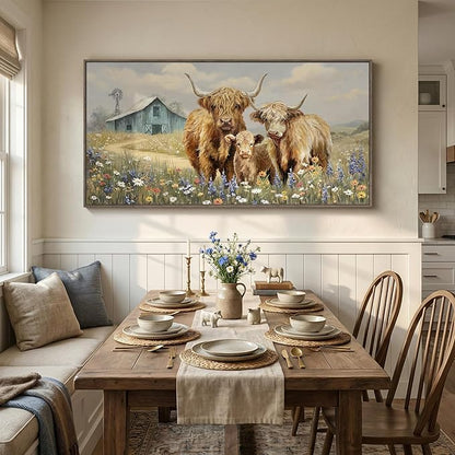 Large Framed Highland Cow Wall Art for Living Room, Vintage Neutral Farmhouse Canvas Prints, Rustic Country Barn Wall Decor for Bedroom Dining Room Hallway 30x60 Inch