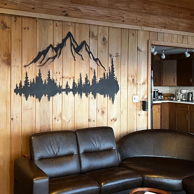 Wita Home Mountain and Forest Metal Wall Art, Wall Mounted Home Decor, Pine Trees and Nature Wall Art for Living Room, Bedroom or Office, Large Outdoor Wall Decor, Nature Christmas Decor (Black Mountain-Black Forest, 56x37 inches)