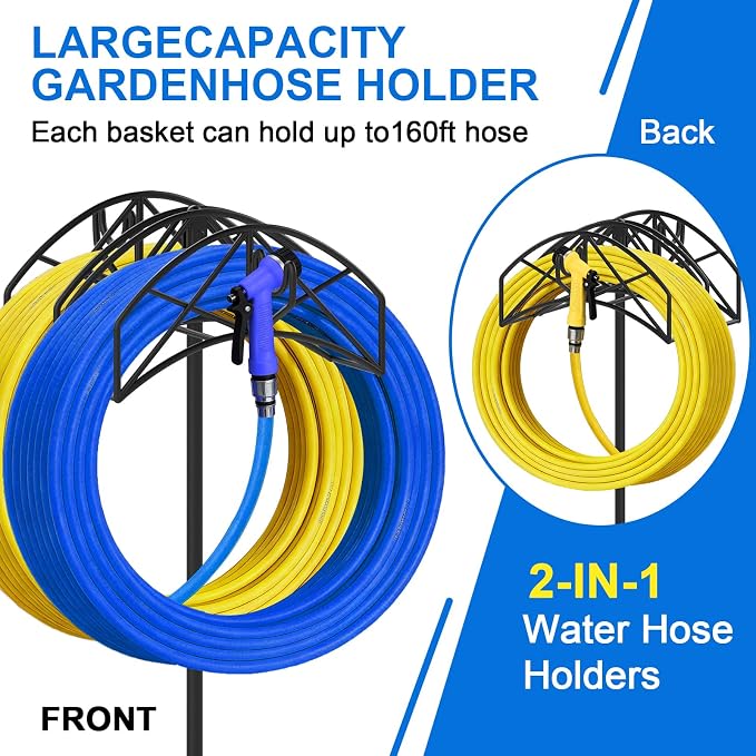 Garden Hose Holder Heavy Duty Water Hose Holder Holds 160 FT * 2 Hoses 4 Spikes Hose Reel Freestanding Hose Hanger Sturdy Hose Storage Stand with 90°Rotatable Hook for Outside Yard Lawn