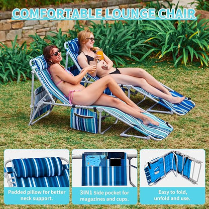 #WEJOY 3 in 1 Tanning Chair with Face Hole & Canopy, 300 lbs Heavy Duty 5 Positions Folding Face Down Lounge Chairs Outdoor with Pillow & Storage Bag Portable for Pool Beach Lawn Camping (Blue White)