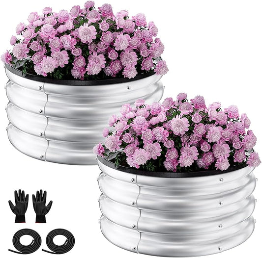 Round Galvanized Raised Garden Bed Kit, 2 Pcs 2 x 2 x 1ft Arian Silver Galvanized Garden Boxes, Outdoor for Vegetables