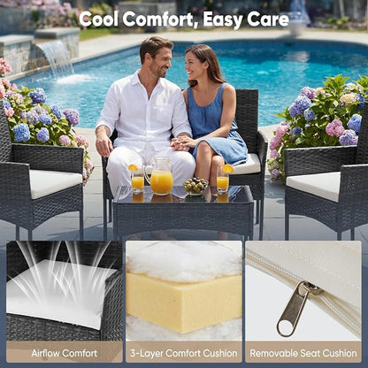 DUMOS 4 Piece Patio Furniture Set, All-Weather Outdoor Wicker Conversation Set with Removable Cushions & Tempered Glass Coffee Table, for Porch, Balcony, Lawn, Backyard Black
