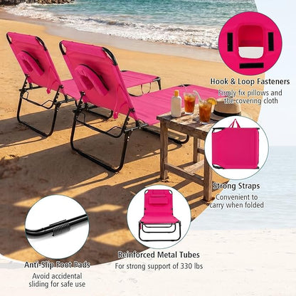 GYMAX Tanning Chair, Folding Lounge Chairs with Face Hole & Cover, Removable Pillow Carry Handle, Portable Compact Outdoor Layout Recliner for Beach, Poolside, Lawn, Patio, Camping (Pink,1)