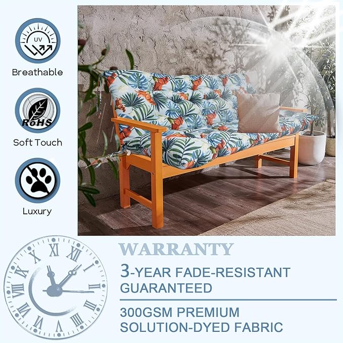 Outdoor Swing Cushions 3 Seater Waterproof, Replacement Bench Cushions for Outdoor Patio Furniture with Backrest, Porch Swing Cushion with Ties for Lawn and Garden (Summer, 40x60in)