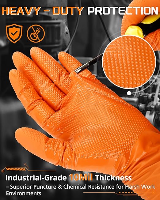 10mil Nitrile-Gloves Disposable-Orange Chemical-Resistant Rubber - Mechanic Gloves Heavy Duty Latex Free Diamond Grip (100, Large)