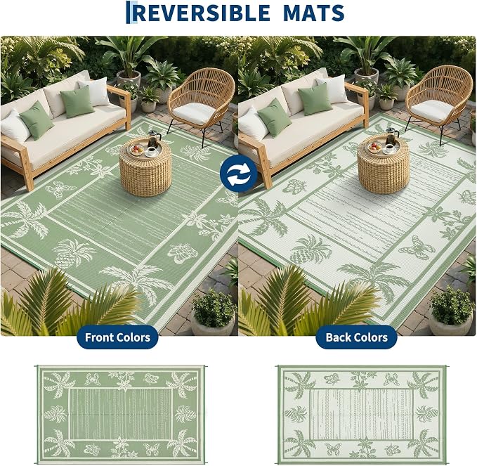 Garvee Outdoor Rug 9x12 Waterproof for Patios, Reversible Plastic Straw Rug, Tropical Leaf Indoor Outdoor Rugs, Large Area Rug for RV, Camping, Deck, Picnic Mat, Outside Carpet