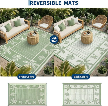 Garvee Outdoor Rug 9x12 Waterproof for Patios, Reversible Plastic Straw Rug, Tropical Leaf Indoor Outdoor Rugs, Large Area Rug for RV, Camping, Deck, Picnic Mat, Outside Carpet