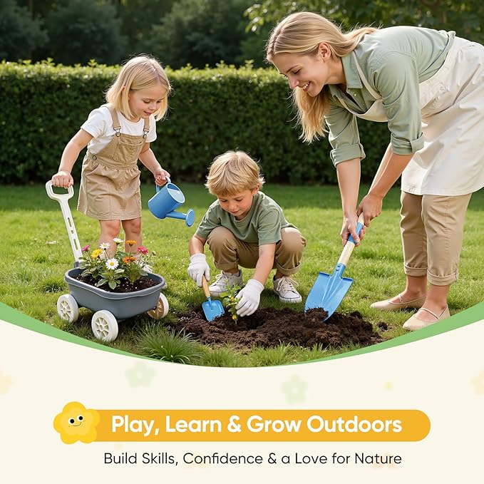 Kids Gardening Set with Wheelbarrow, 11-Piece Outdoor Yard, Beach, STEM Garden Play Kit with Child-Sized Tools, Durable, Safe & Fun Gift Toy for Ages 2+ Kids Toddlers Boys Girls (Gray)