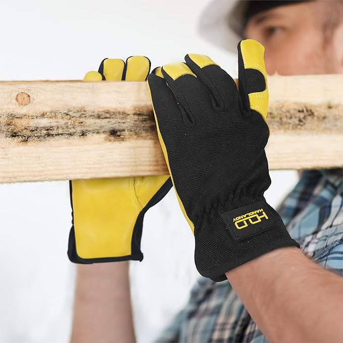 HANDLANDY Men Leather Gardening Gloves, Utility Work Gloves for Mechanics, Construction, Driver
