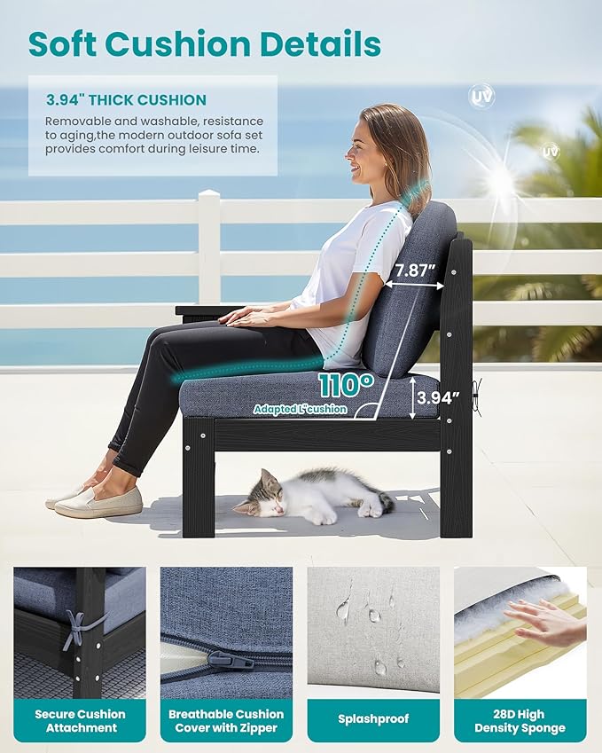 SERWALL HDPE Patio Loveseat Sofa, 2 Pieces Single Sofa, Weather-Resistant Outdoor Furniture Chair with Thick Removable Cushion, Balcony, Garden, Backyard, Poolside, Black Frame with Grey Cushion