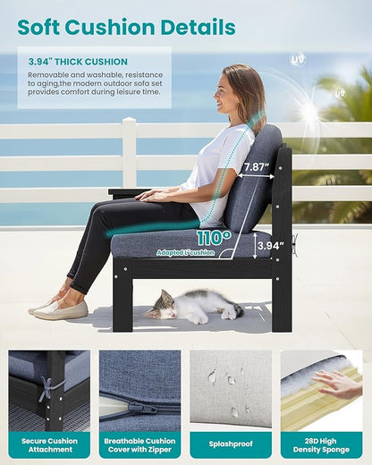 SERWALL HDPE Patio Loveseat Sofa, 2 Pieces Single Sofa, Weather-Resistant Outdoor Furniture Chair with Thick Removable Cushion, Balcony, Garden, Backyard, Poolside, Black Frame with Grey Cushion