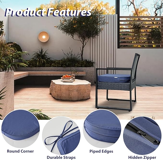 Outdoor Chair Cushions Set of 4 -Waterproof Outdoor Seat Cushions for Patio Furniture, Patio Chair Cushion with Handle and Ties, Round Out Door Chair Pads,17" x 16" x 2", Navy Blue