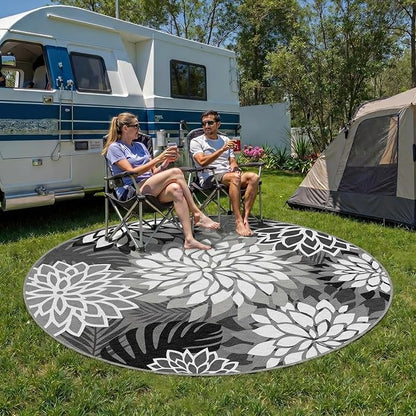 6x6 Outdoor Area Rug Washable Multicolored Patio Rug Tropical Botanical Floral Chenille Waterproof Outdoor Carpet Non-Slip for Patio, Deck, Backyard, Porch, Black