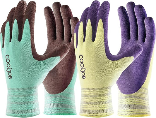 COOLJOB 2 Pairs Breathable Gardening Gloves for Women X-Small, Stretch Soft Modal Base with Non Slip Rubber Coating, Palm Dipped Grip Work for Gardener Worker in Lawn Yard Factory Garden