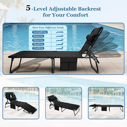 3-in-1 Sun Tanning Chair with Face Holes, Folding Chaise Lounge Chairs, 5-Position Adjustable Lounge Chair Outdoor with 2 Side Pocket & Pillow, for Pool Beach, Patio, Camping, Black
