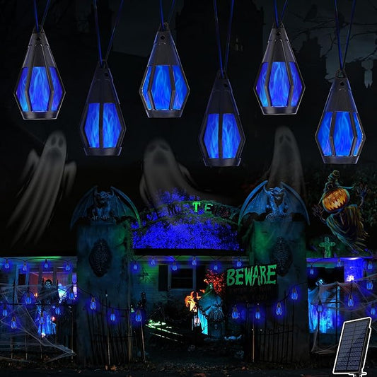 Solar String Lights for Outside, 33Ft Solar Patio Lights with 15 Flickering Flame Light Bulbs, Waterproof Blue Solar Powered Outdoor Light for Garden Yard Patio Gazebo Bistro Cafe Porch Party Decor