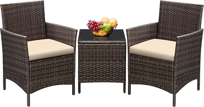 Greesum 3 Pieces Patio Furniture Sets Outdoor PE Rattan Wicker Chairs with Soft Cushion and Glass Coffee Table for Garden Backyard Porch Poolside, Brown and Beige