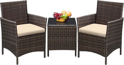 Greesum 3 Pieces Patio Furniture Sets Outdoor PE Rattan Wicker Chairs with Soft Cushion and Glass Coffee Table for Garden Backyard Porch Poolside, Brown and Beige