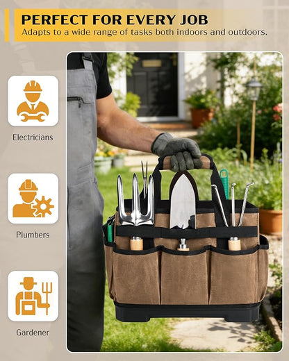 Marscamd Waxed Canvas Tool Bag with Hard Bottom and 8 Pockets, Large Tool Tote with Shoulder Strap for Tools & Gardening, Khaki