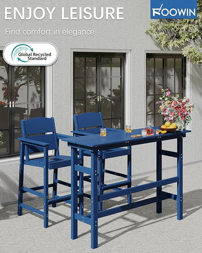 FOOWIN 3 Piece Outdoor Bar Height Table and Chairs, All Weather HDPE Patio Bar Set Outdoor Bistro Set,Adirondack Bar Chairs Set of 2 Outdoor Furniture for Bistro, Poolside, Backyard Navy Blue
