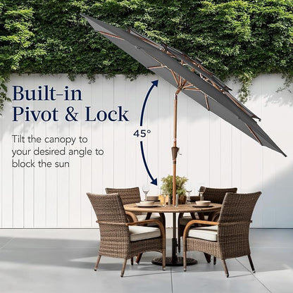 Best Choice Products 10ft 3-Tier Solar Patio Market Umbrella, Outdoor Sun Shade for Backyard, Deck, Poolside, Table w/Woodgrain Pattern, LED Lights, Tilt Adjustment - Gray