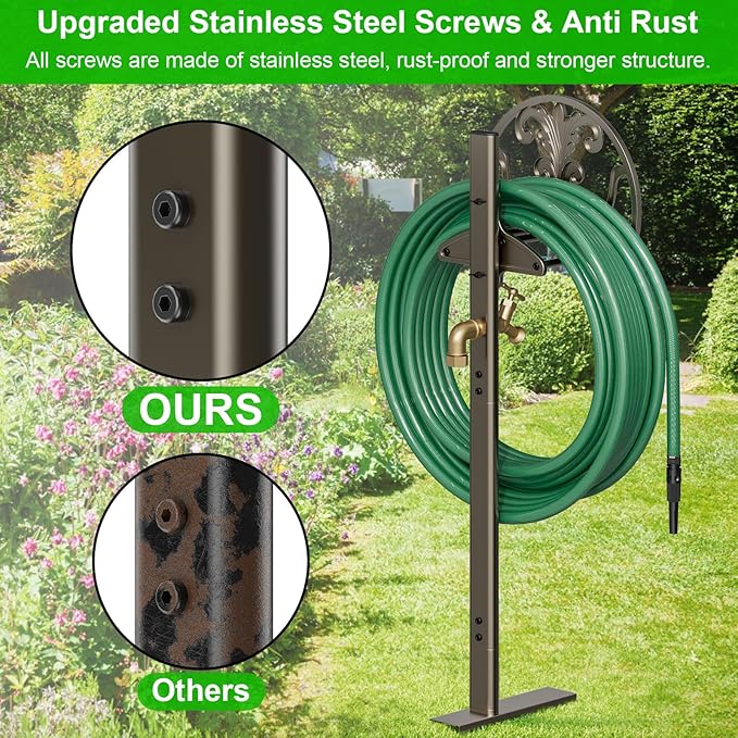 GOFORWILD Garden Hose Stand with Brass Faucet, Detachable Heavy Duty Water Hose Holder, Freestanding Metal Hose Reel Decorative Storage Hanger Holds 150-Feet Hose for Outside Patio Lawn Yard