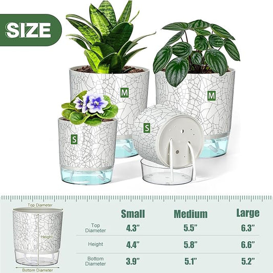 Self Watering Pots for Indoor Plants, 4/5.5 Inch Crackle Pattern Planters with Clear Water Reservoir & Wick System, 4 Pack Plastic Flower Pots for Succulents, Herbs, African Violets