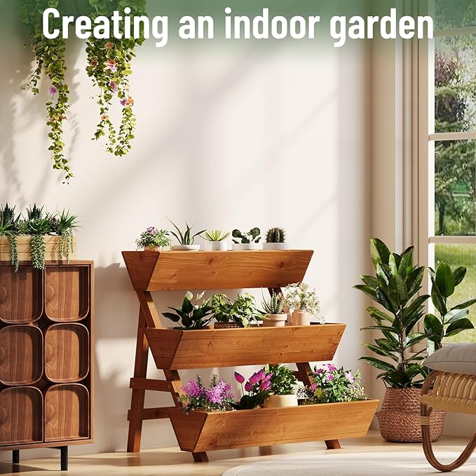 Vertical Wooden Raised Garden Bed, Garden Planters Freestanding Wood Plant Stand Flower Rack Wooden Planter Box for Plants Herbs Flowers Vegetables Outdoor Indoor Gardening (3-Tier Large Brown)