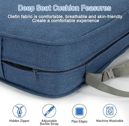 Aoodor Outdoor Chair Cushion, 23 x 26 Inch Water-Resistant, Fade-Resistant Olefin Fabric Patio Seat Cushions with Removable Cover and Adjustable Straps for Outdoor Furniture, Set of 2, Blue Stripes