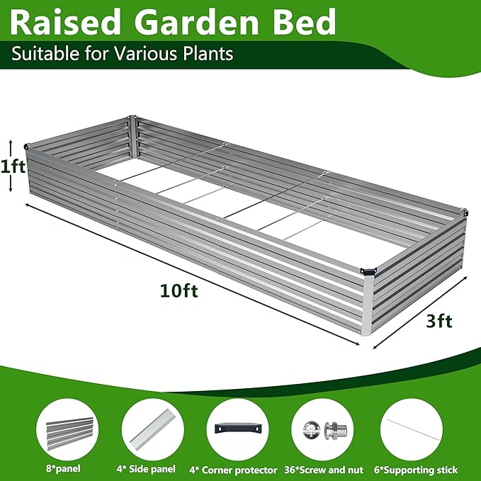 2PCS 10x3x1ft Galvanized Raised Garden Bed,Outdoor Planter Box Metal Patio Kit Planting Bed for Vegetables Flowers Herb,Silver