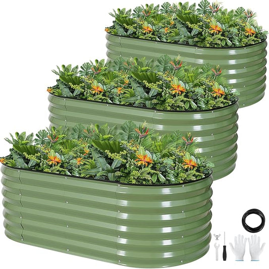 Galvanized Raised Garden Bed Outdoor |17'' Tall Planter Box Outdoor for Deep Root Plants | 3Pcs Raised Bed Kit for Gardening with Rubber Strip for Vegetables Flowers Fruits (Olive Green, 4x2x1.4FT)