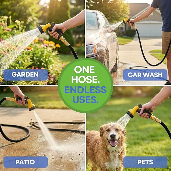 J&B XpandaHose 50ft Expandable Garden Hose – Ultra-Strong 3750D, 4-Layer Latex Core, Brass 3/4" Connectors, 10-Pattern Nozzle & Storage Bag – Lightweight, Kink-Reducing, Leak-Resistant